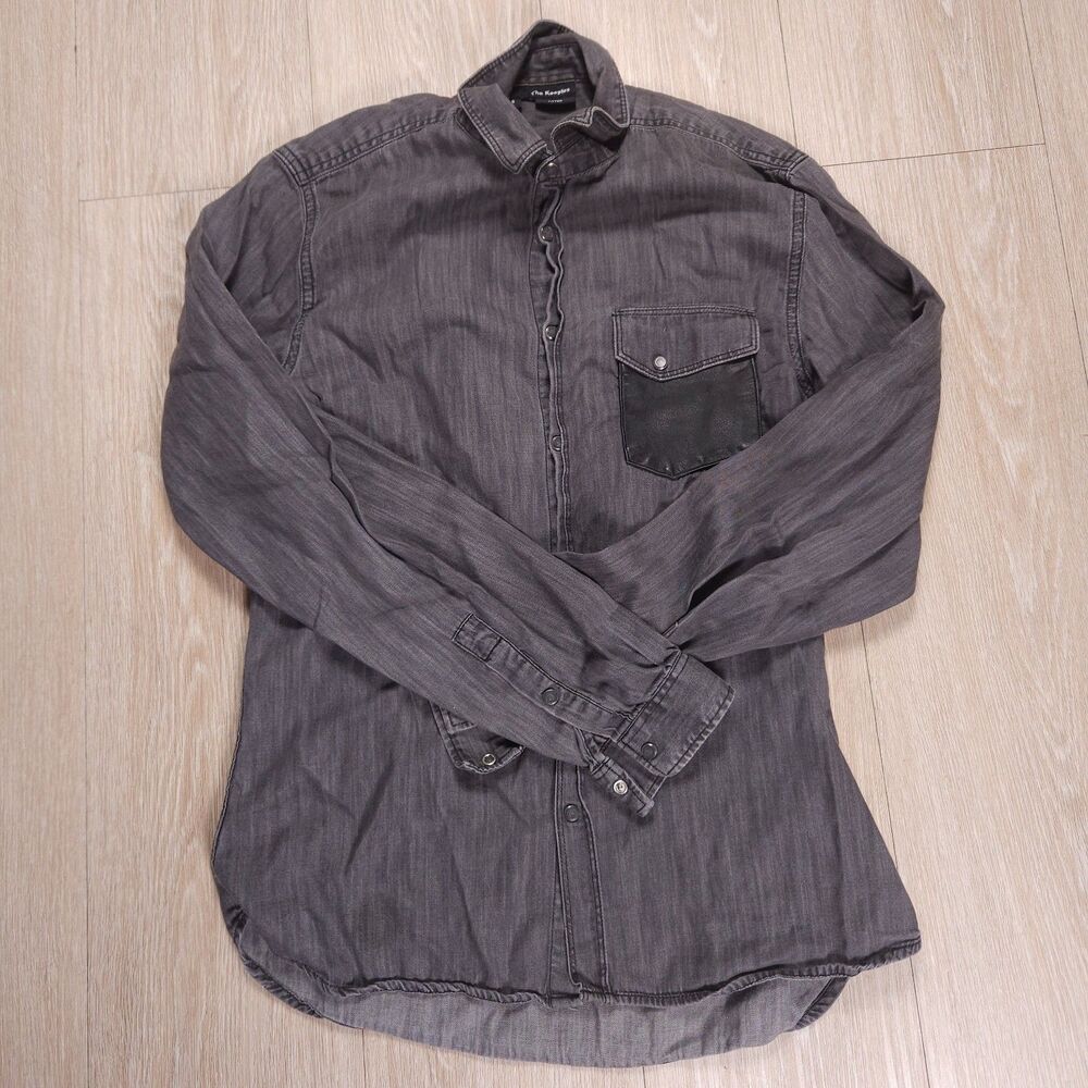 The Kooples Denim Western Pearl Snap Shirt Mens Small Gray Faded Fitted